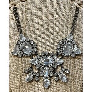 Black Metal Statement Necklace W/ Clear Glass Gems Whimsigoth Fairy Grunge